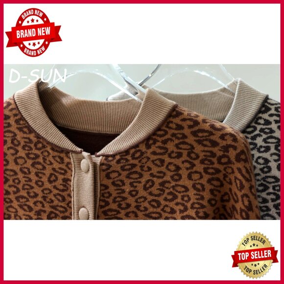 Leopard Print Cropped Cardigan Sweater Button Front Long Sleeve Crewneck Y2K - Picture 7 of 7